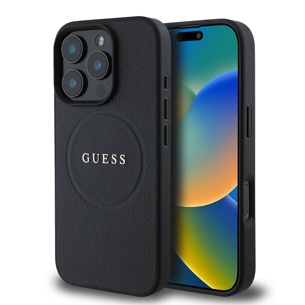 Custodia MagSafe per Apple iPhone 16 Pro Max, Guess, Grained Gold Ring, Nera