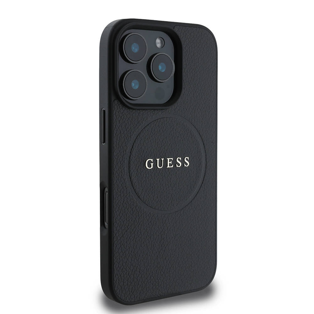 Custodia MagSafe per Apple iPhone 16 Pro Max, Guess, Grained Gold Ring, Nera