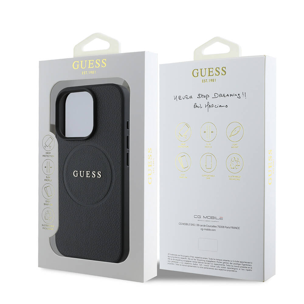 Custodia MagSafe per Apple iPhone 16 Pro Max, Guess, Grained Gold Ring, Nera