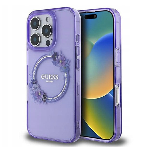 Custodia MagSafe per Apple iPhone 16 Pro Max, Guess, IML Flowers Wreath, Viola