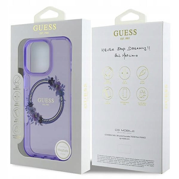 Custodia MagSafe per Apple iPhone 16 Pro Max, Guess, IML Flowers Wreath, Viola