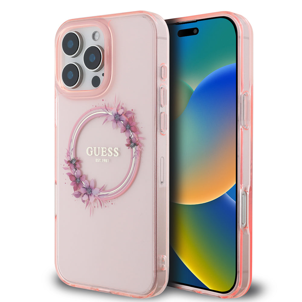 Custodia MagSafe per Apple iPhone 16 Pro Max, Guess, IML Flowers Wreath, Rosa