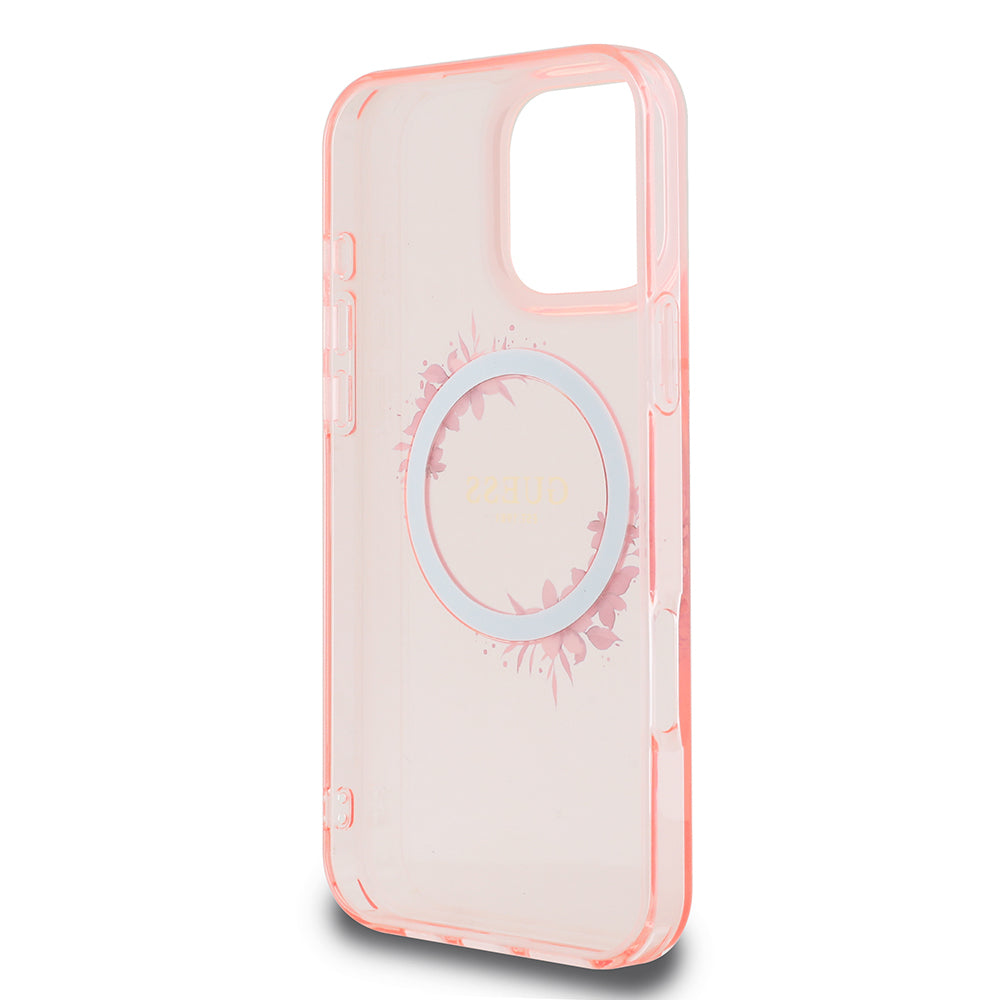 Custodia MagSafe per Apple iPhone 16 Pro Max, Guess, IML Flowers Wreath, Rosa