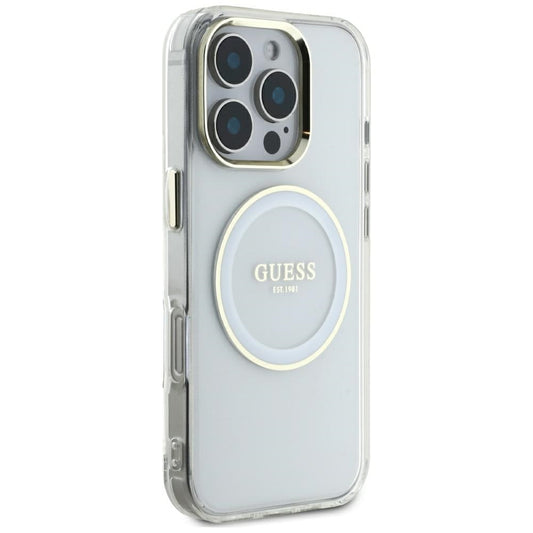 Custodia MagSafe per Apple iPhone 16 Pro Max, Guess, IML Metal Colored Circle, Bianca
