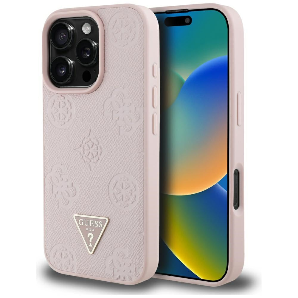 Custodia MagSafe per Apple iPhone 16 Pro Max, Guess, Peony Grained Hot Stamp Triangle, Rosa