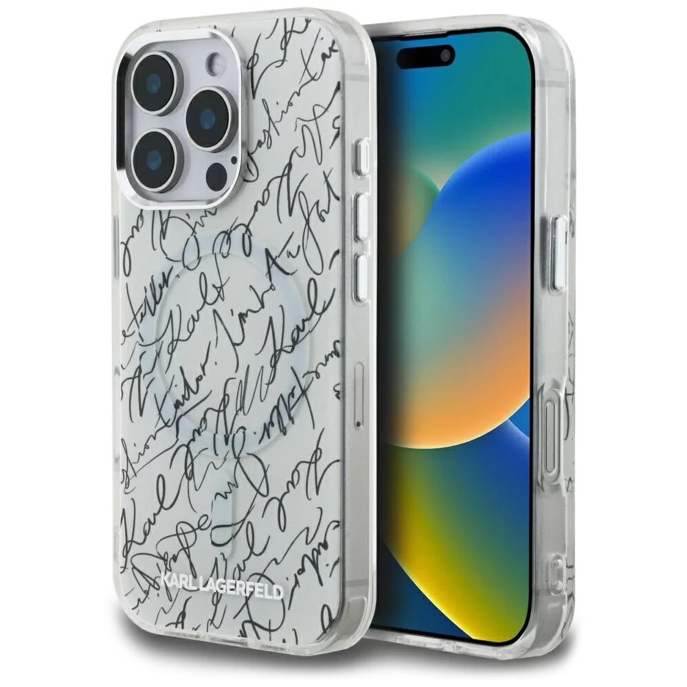 Custodia MagSafe per Apple iPhone 16 Pro Max, Karl Lagerfeld, IML Karl Script Pattern, Bianca