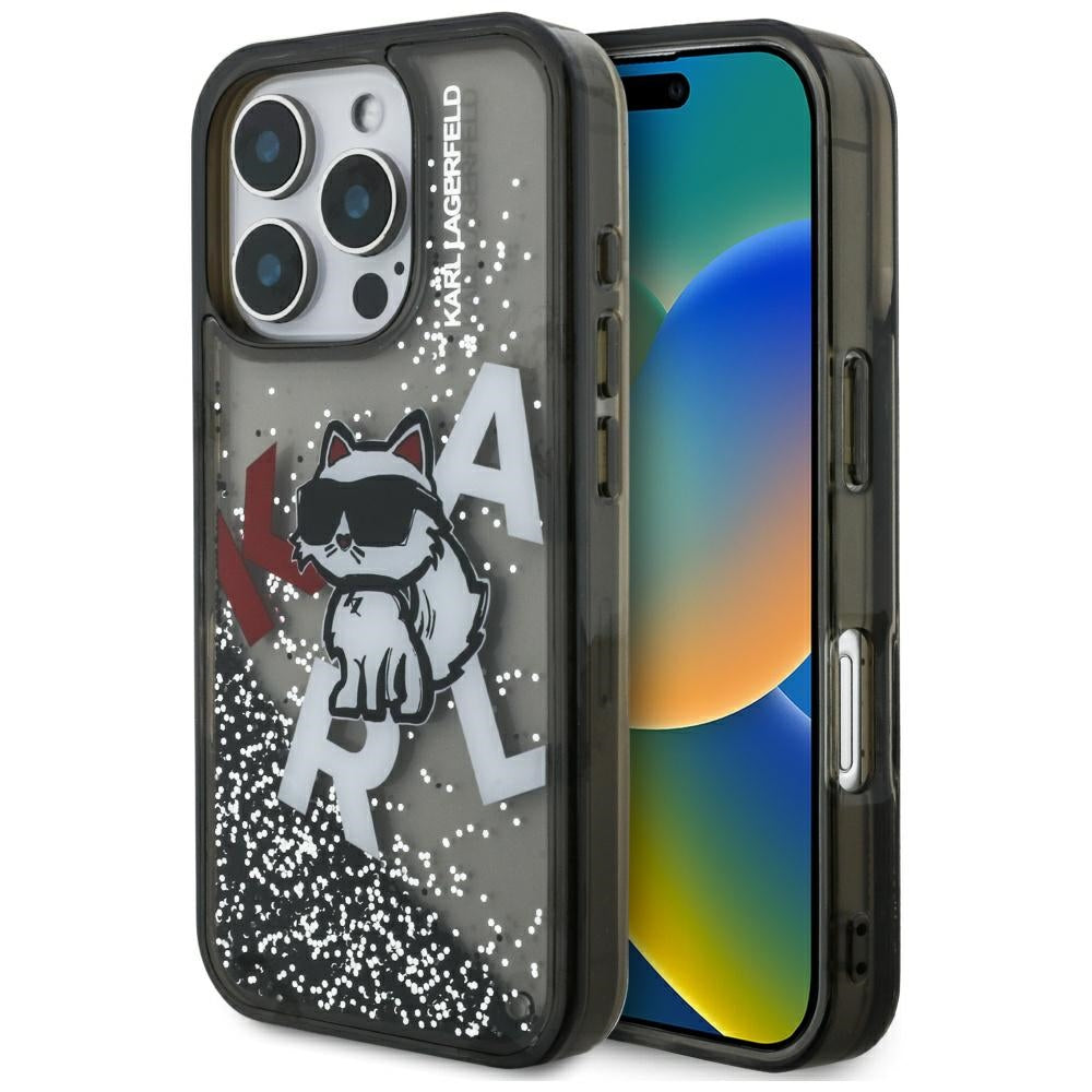 Custodia MagSafe per Apple iPhone 16 Pro Max, Karl Lagerfeld, Liquid Glitter Choupette Logo, Nera