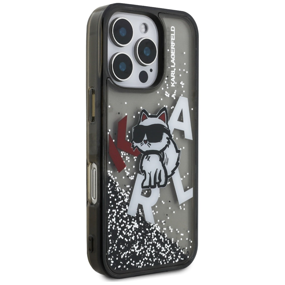 Custodia MagSafe per Apple iPhone 16 Pro Max, Karl Lagerfeld, Liquid Glitter Choupette Logo, Nera