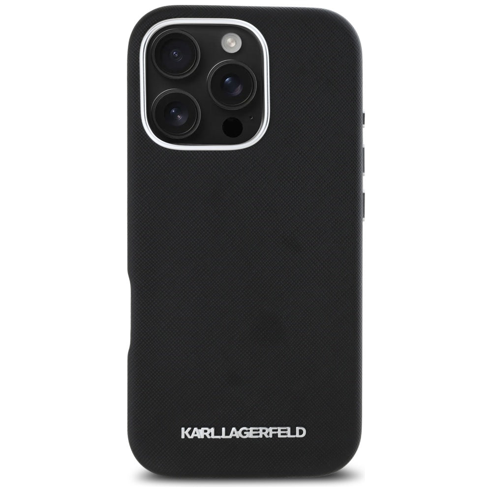 Custodia MagSafe per Apple iPhone 16 Pro Max, Karl Lagerfeld, Saffiano Full Wrapped Elongated Metal Logo, Nera