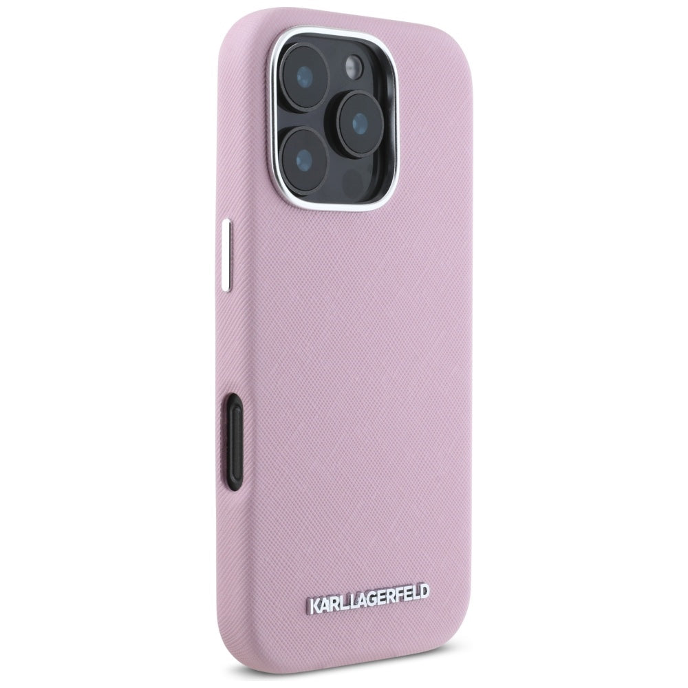 Custodia MagSafe per Apple iPhone 16 Pro Max, Karl Lagerfeld, Saffiano Full Wrapped Elongated Metal Logo, Rosa