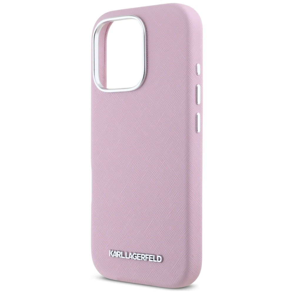Custodia MagSafe per Apple iPhone 16 Pro Max, Karl Lagerfeld, Saffiano Full Wrapped Elongated Metal Logo, Rosa