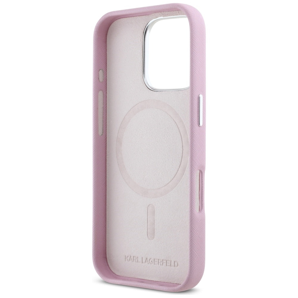 Custodia MagSafe per Apple iPhone 16 Pro Max, Karl Lagerfeld, Saffiano Full Wrapped Elongated Metal Logo, Rosa
