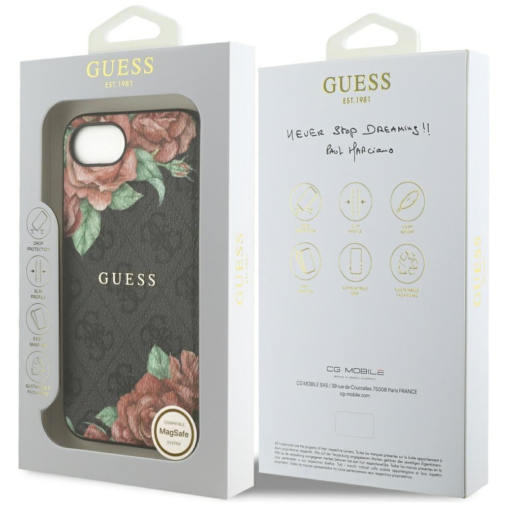 MagSafe Case for Apple iPhone 17e / 16e, Guess, 4G Flowers Print, Black