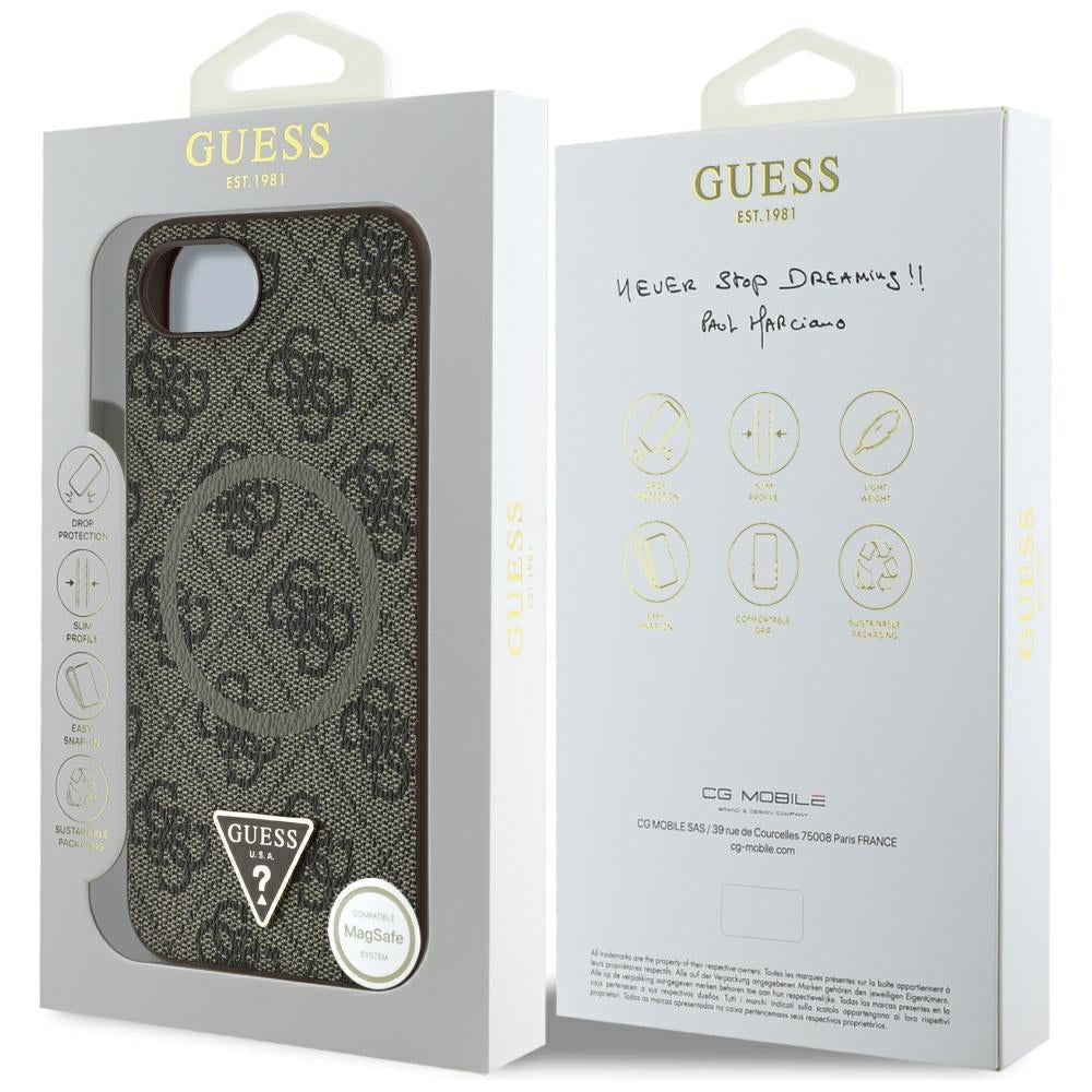 Custodia MagSafe per Apple iPhone 17e / 16e, Guess, 4G Ring Triangle Logo, Marrone