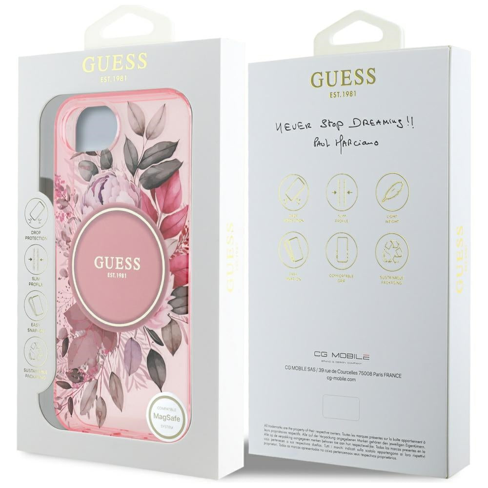 Custodia MagSafe per Apple iPhone 17e / 16e, Guess, IML Flowers, Rosa
