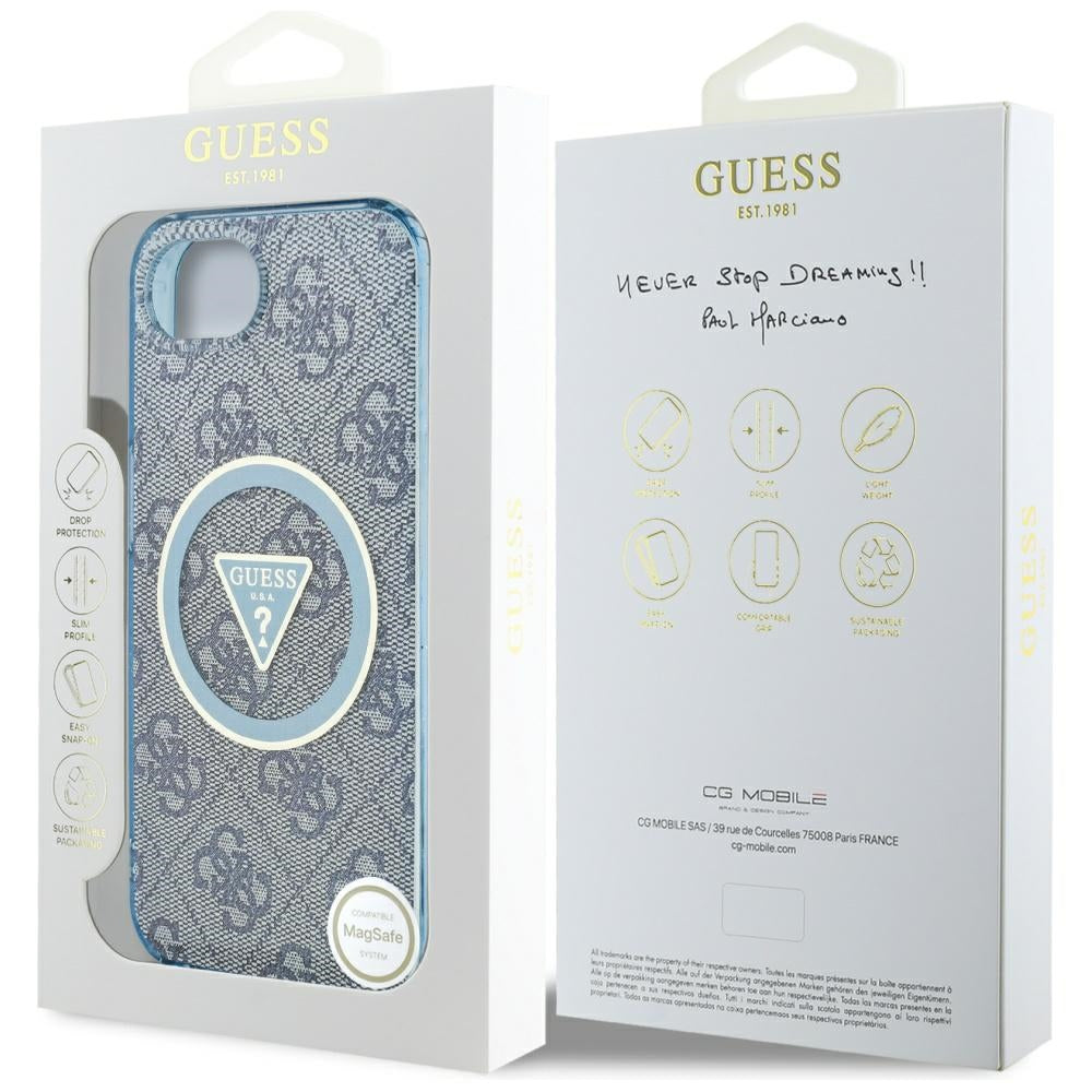Custodia MagSafe per Apple iPhone 17e / 16e, Guess, IML Glitter 4G Circle Triangle, Blu