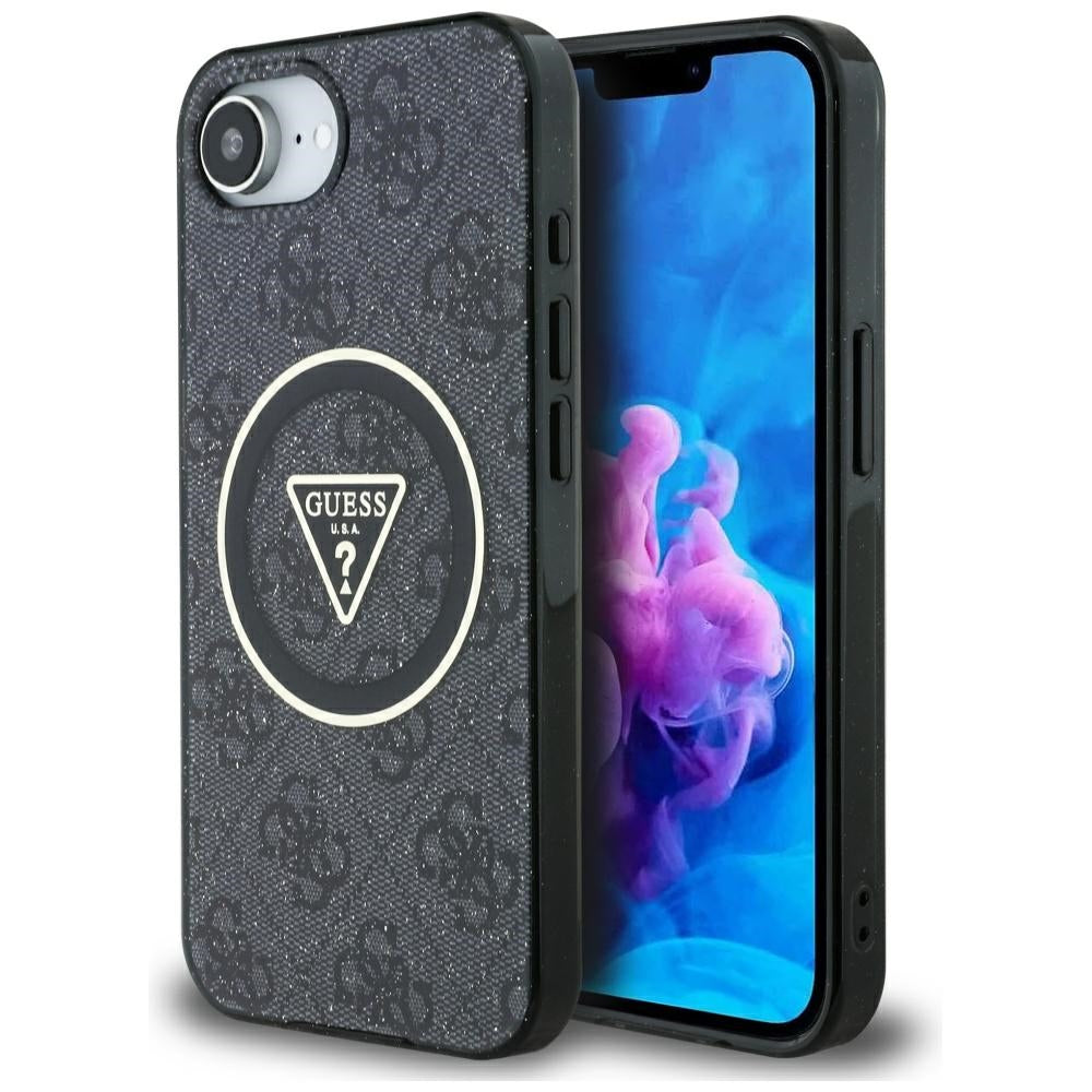 Custodia MagSafe per Apple iPhone 17e / 16e, Guess, IML Glitter 4G Circle Triangle, Nera