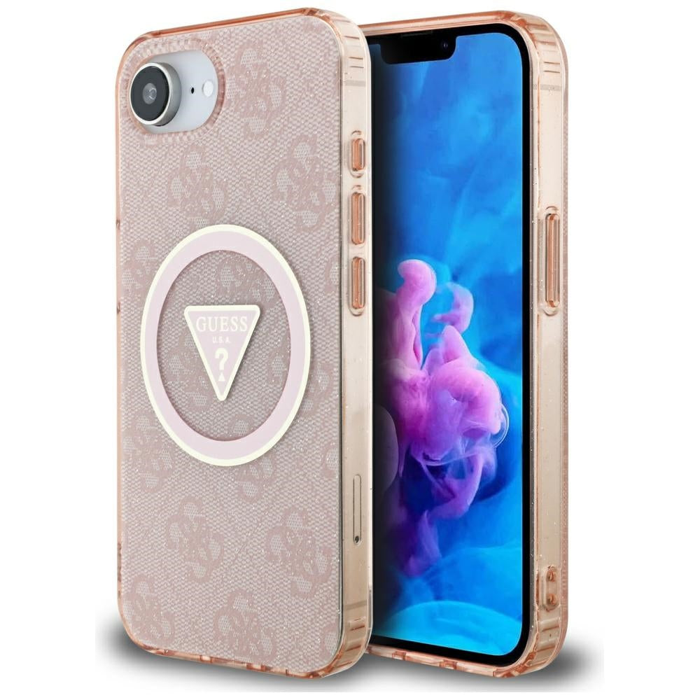 Custodia MagSafe per Apple iPhone 17e / 16e, Guess, IML Glitter 4G Circle Triangle, Rosa