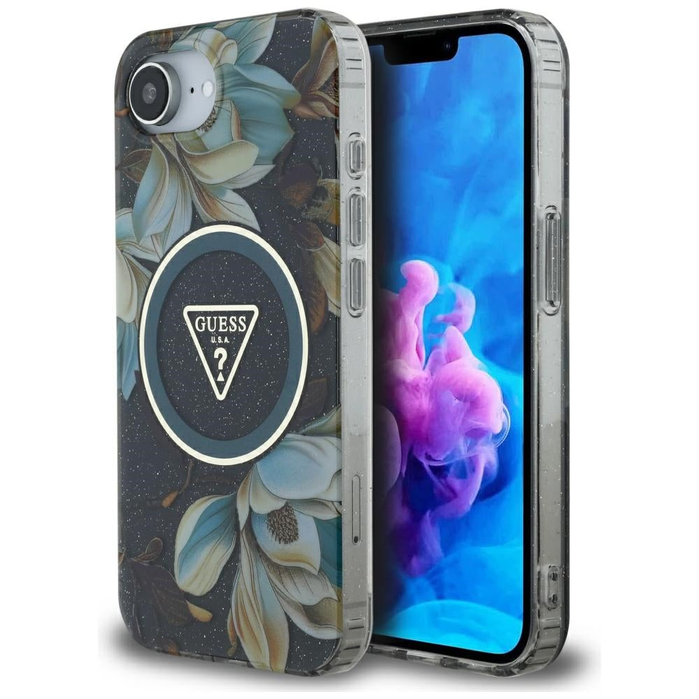 Custodia MagSafe per Apple iPhone 17e / 16e, Guess, IML Metal Glitter Flowers Triangle, Nera