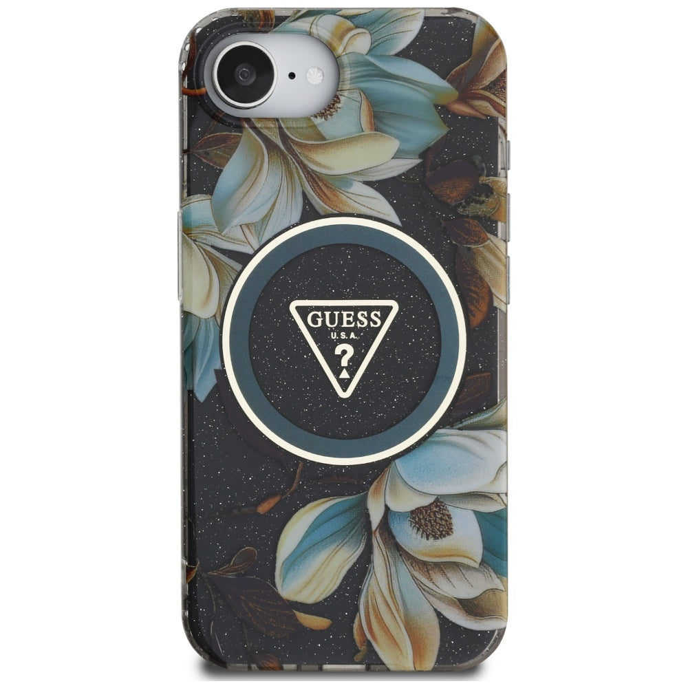 Custodia MagSafe per Apple iPhone 17e / 16e, Guess, IML Metal Glitter Flowers Triangle, Nera