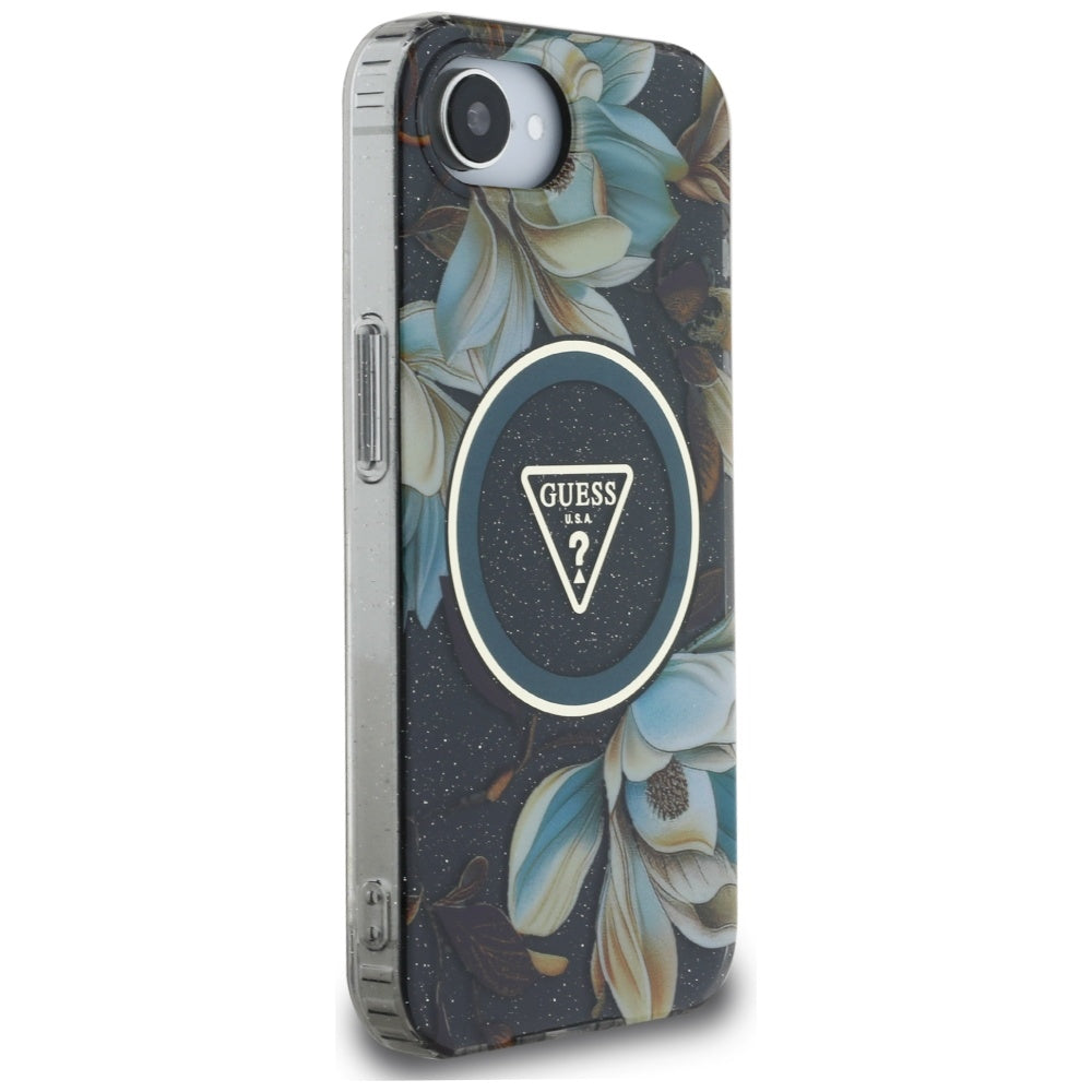 Custodia MagSafe per Apple iPhone 17e / 16e, Guess, IML Metal Glitter Flowers Triangle, Nera