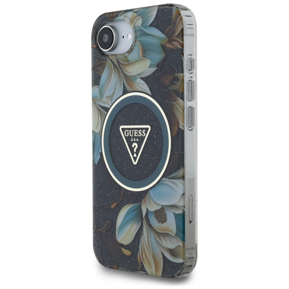 Custodia MagSafe per Apple iPhone 17e / 16e, Guess, IML Metal Glitter Flowers Triangle, Nera