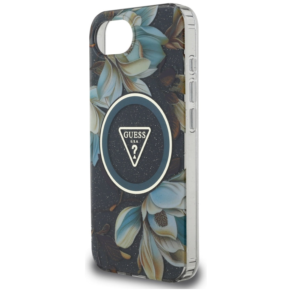 Custodia MagSafe per Apple iPhone 17e / 16e, Guess, IML Metal Glitter Flowers Triangle, Nera