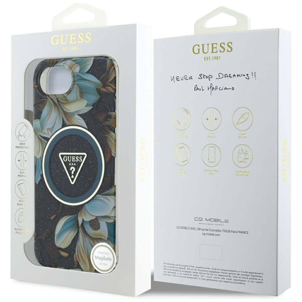 Custodia MagSafe per Apple iPhone 17e / 16e, Guess, IML Metal Glitter Flowers Triangle, Nera