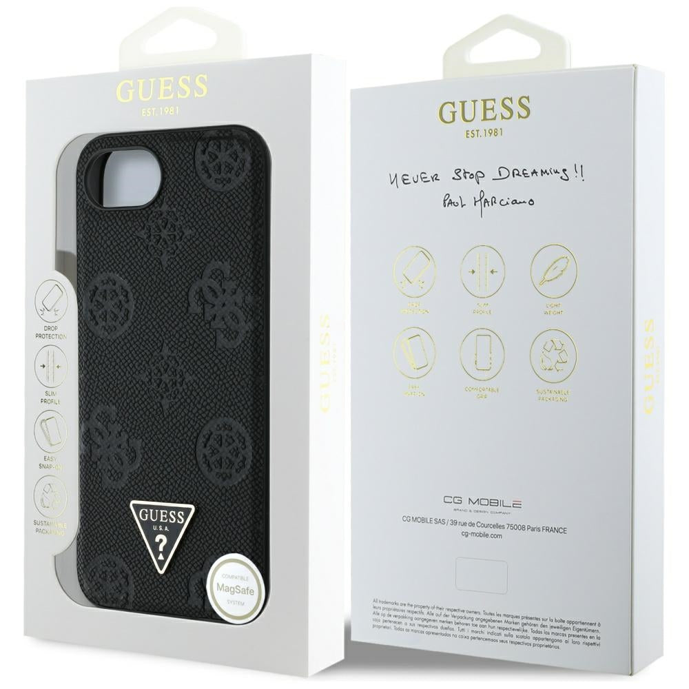 Custodia MagSafe per Apple iPhone 17e / 16e, Guess, Peony Grained Hot Stamp Triangle, Nera