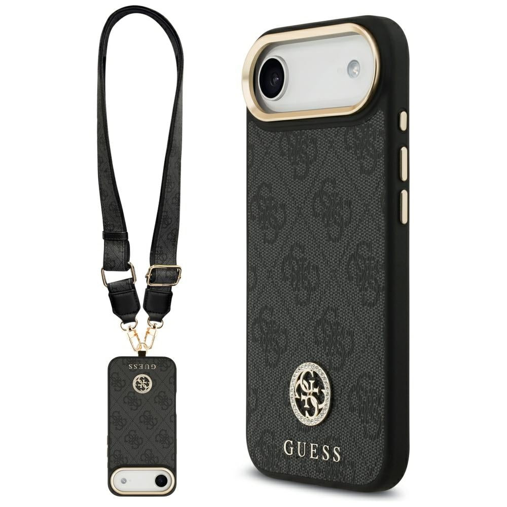 Custodia MagSafe per Apple iPhone 17 Air, Guess, 4G Strass Logo con Cinturino Grande, Nera