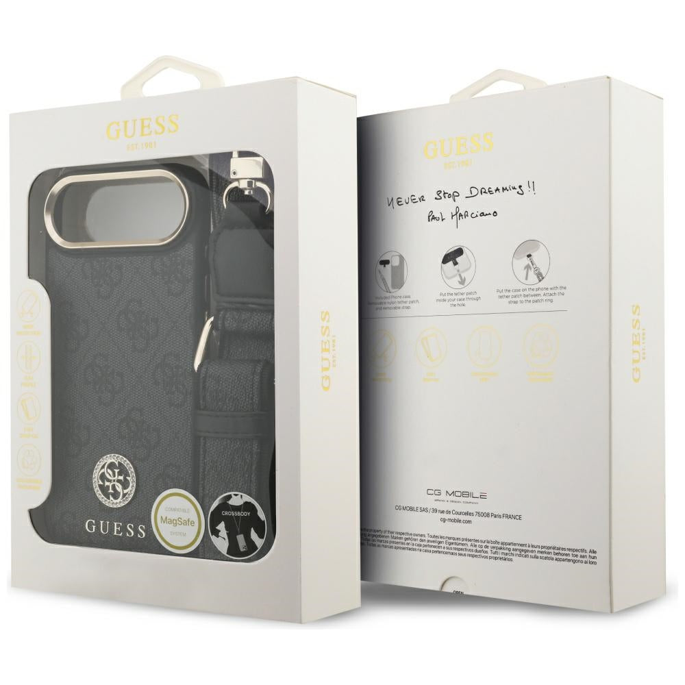 Custodia MagSafe per Apple iPhone 17 Air, Guess, 4G Strass Logo con Cinturino Grande, Nera