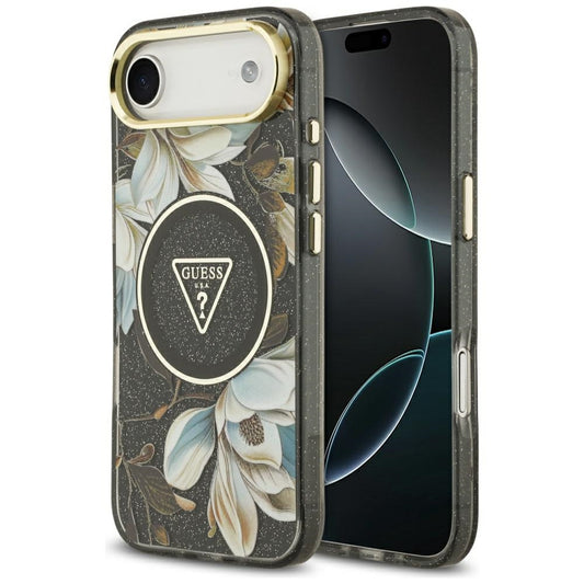 Custodia MagSafe per Apple iPhone 17 Air, Guess, IML Metal Glitter Flowers Triangle, Nera