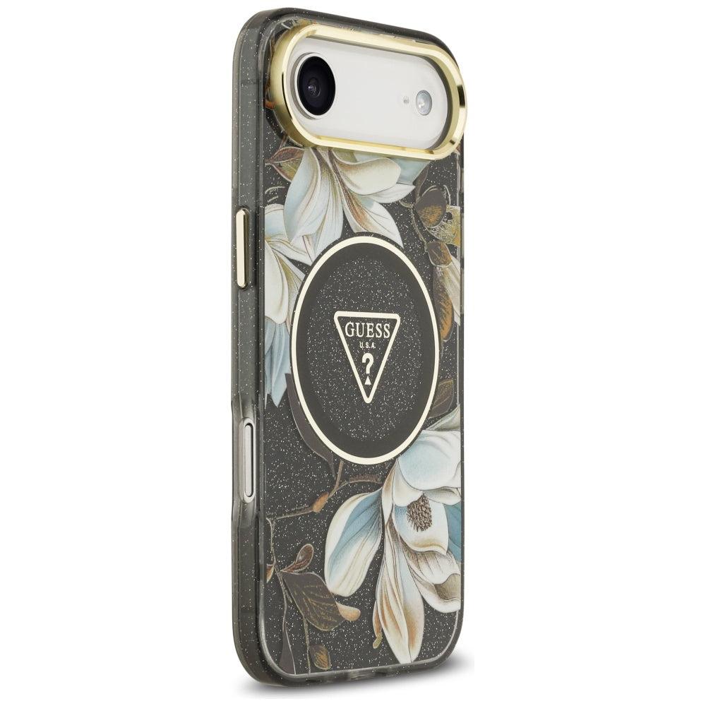Custodia MagSafe per Apple iPhone 17 Air, Guess, IML Metal Glitter Flowers Triangle, Nera