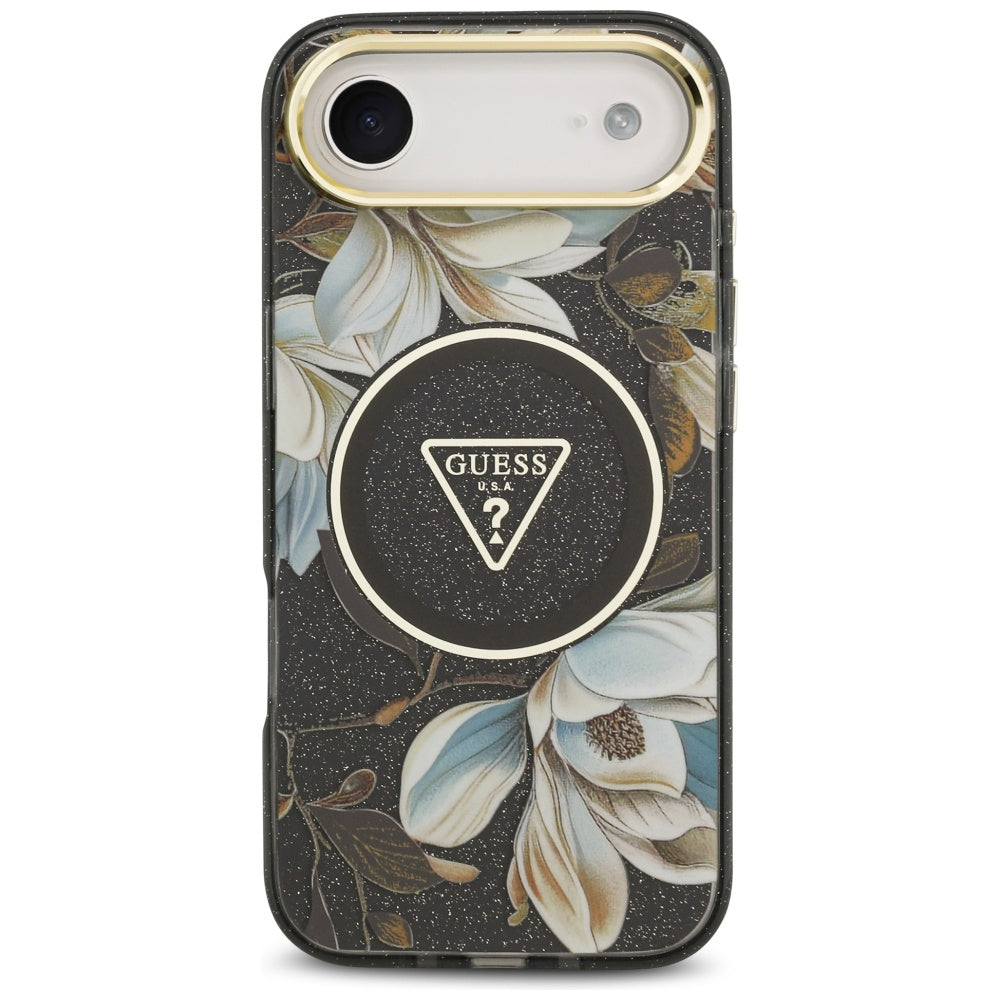 Custodia MagSafe per Apple iPhone 17 Air, Guess, IML Metal Glitter Flowers Triangle, Nera