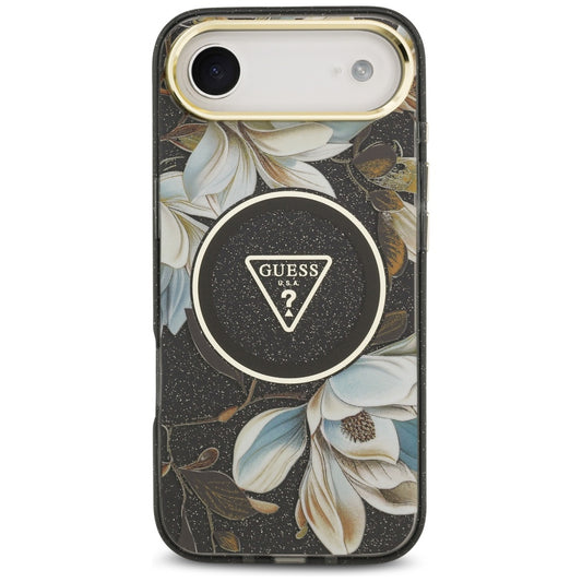 Custodia MagSafe per Apple iPhone 17 Air, Guess, IML Metal Glitter Flowers Triangle, Nera