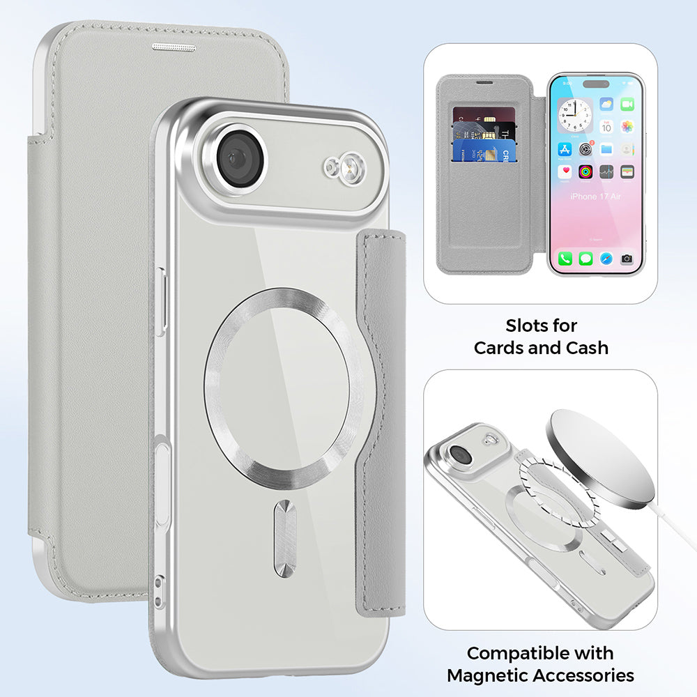 Custodia MagSafe per Apple iPhone 17 Air, Techsuit, SmartMag Book, Grigio
