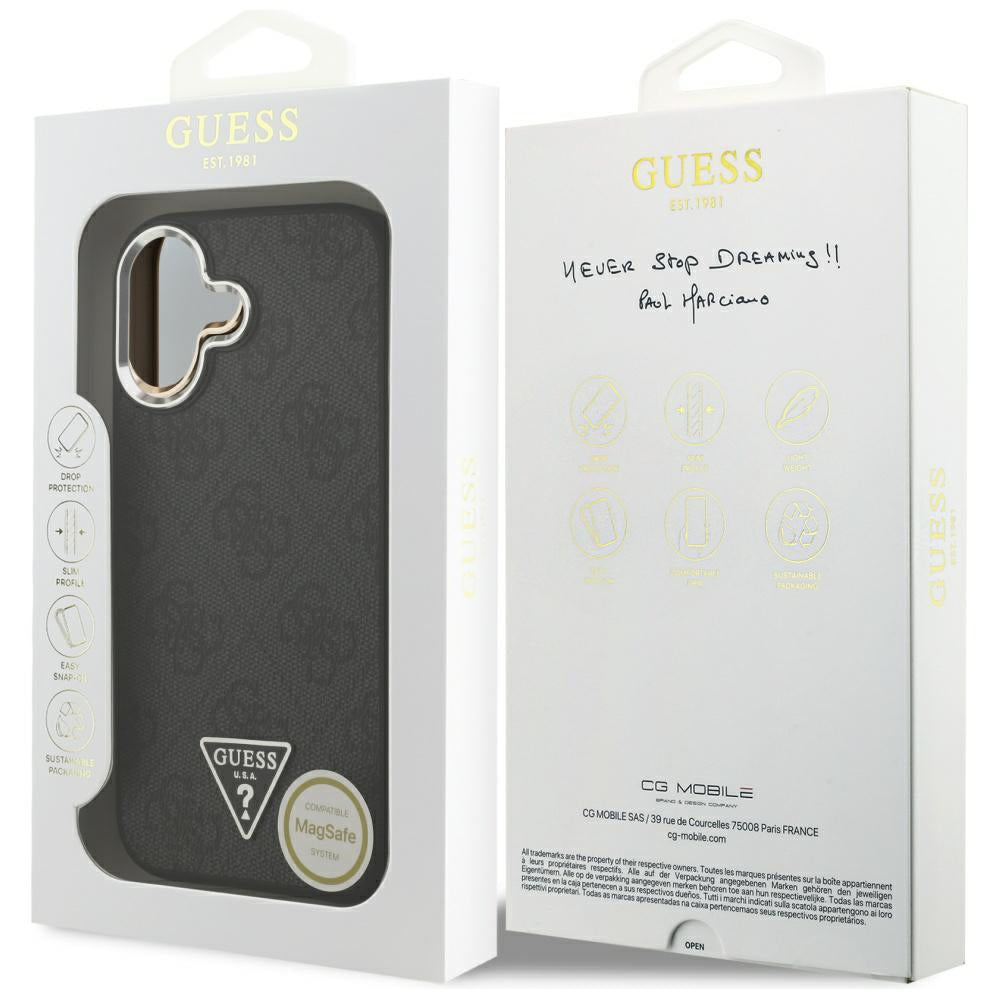 Custodia MagSafe per Apple iPhone 17, Guess, 4G Triangle Logo, Nera Argentata