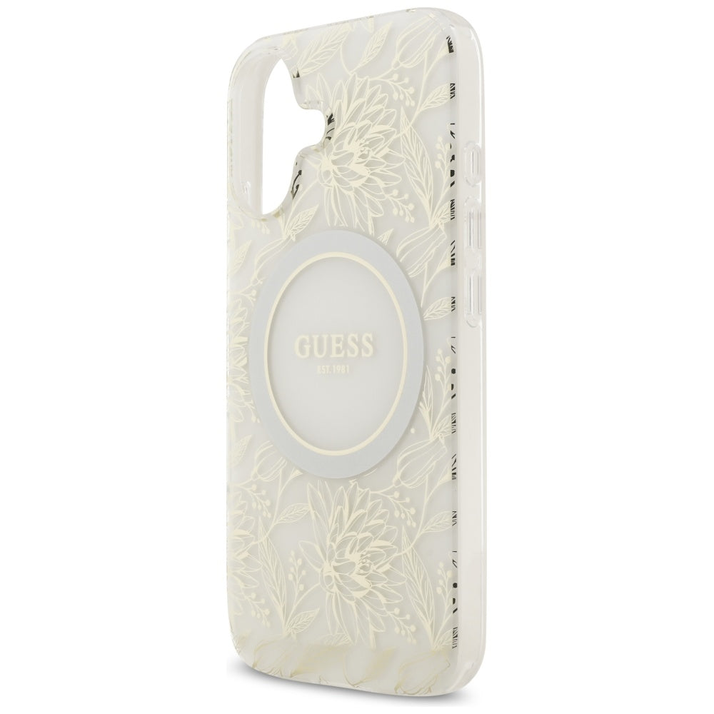 Custodia MagSafe per Apple iPhone 17, Guess, IML Flowers with Pearl Strap, Bianca