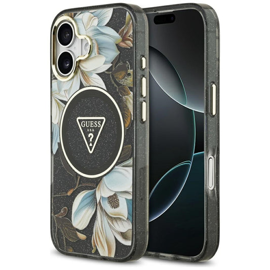 Custodia MagSafe per Apple iPhone 17, Guess, IML Metal Glitter Flowers Triangle, Nera
