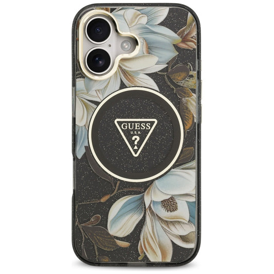 Custodia MagSafe per Apple iPhone 17, Guess, IML Metal Glitter Flowers Triangle, Nera