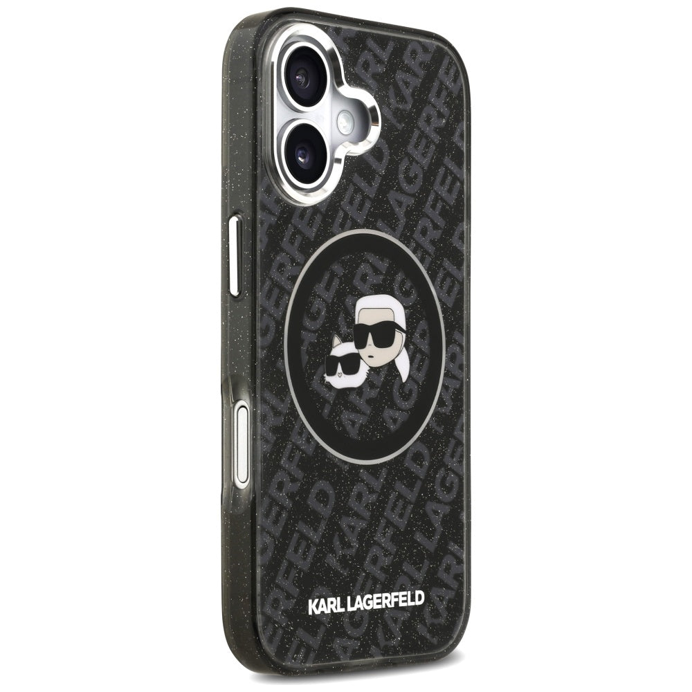Custodia MagSafe per Apple iPhone 17, Karl Lagerfeld, Glitter Karl & Choupette Head, Nera