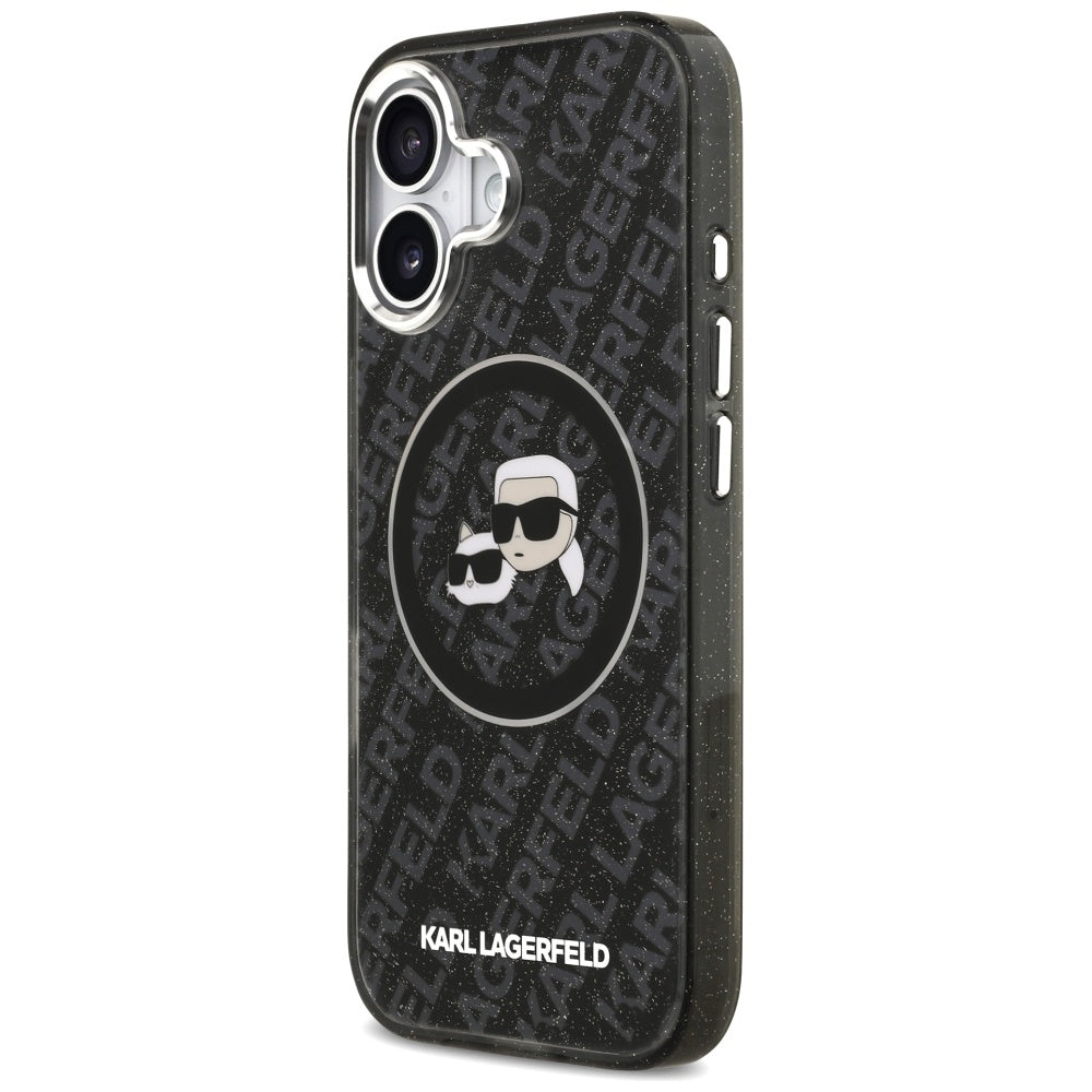 Custodia MagSafe per Apple iPhone 17, Karl Lagerfeld, Glitter Karl & Choupette Head, Nera