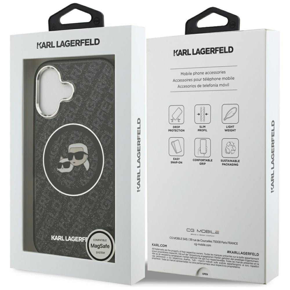 Custodia MagSafe per Apple iPhone 17, Karl Lagerfeld, Glitter Karl & Choupette Head, Nera