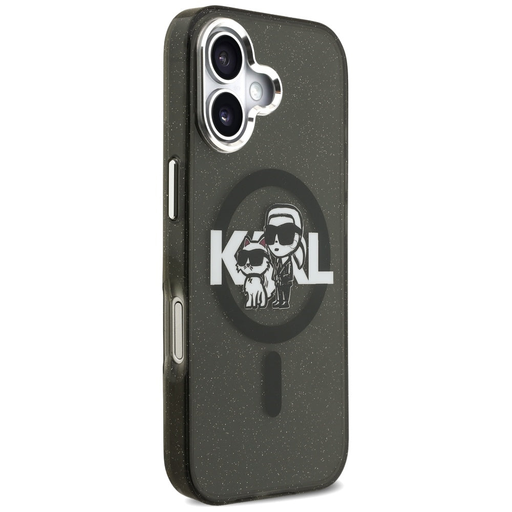Custodia MagSafe per Apple iPhone 17, Karl Lagerfeld, IML Sketch Logo Glitter Karl & Choupette, Nera
