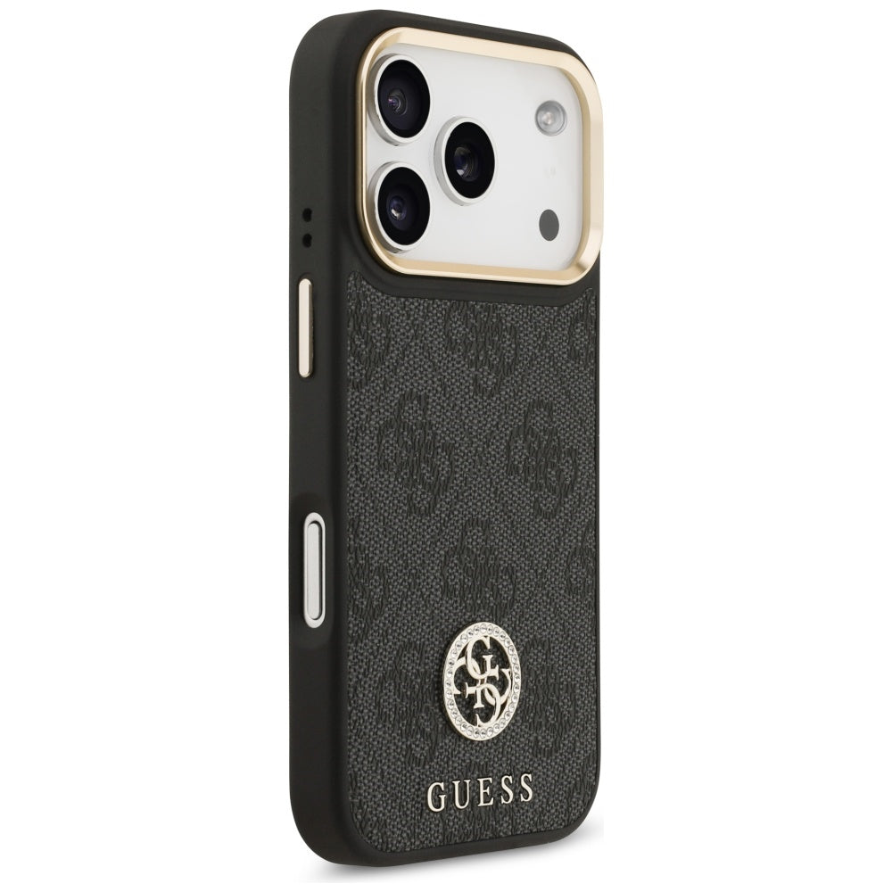 Custodia MagSafe per Apple iPhone 17 Pro, Guess, 4G Strass Logo con Cinturino Grande, Nera