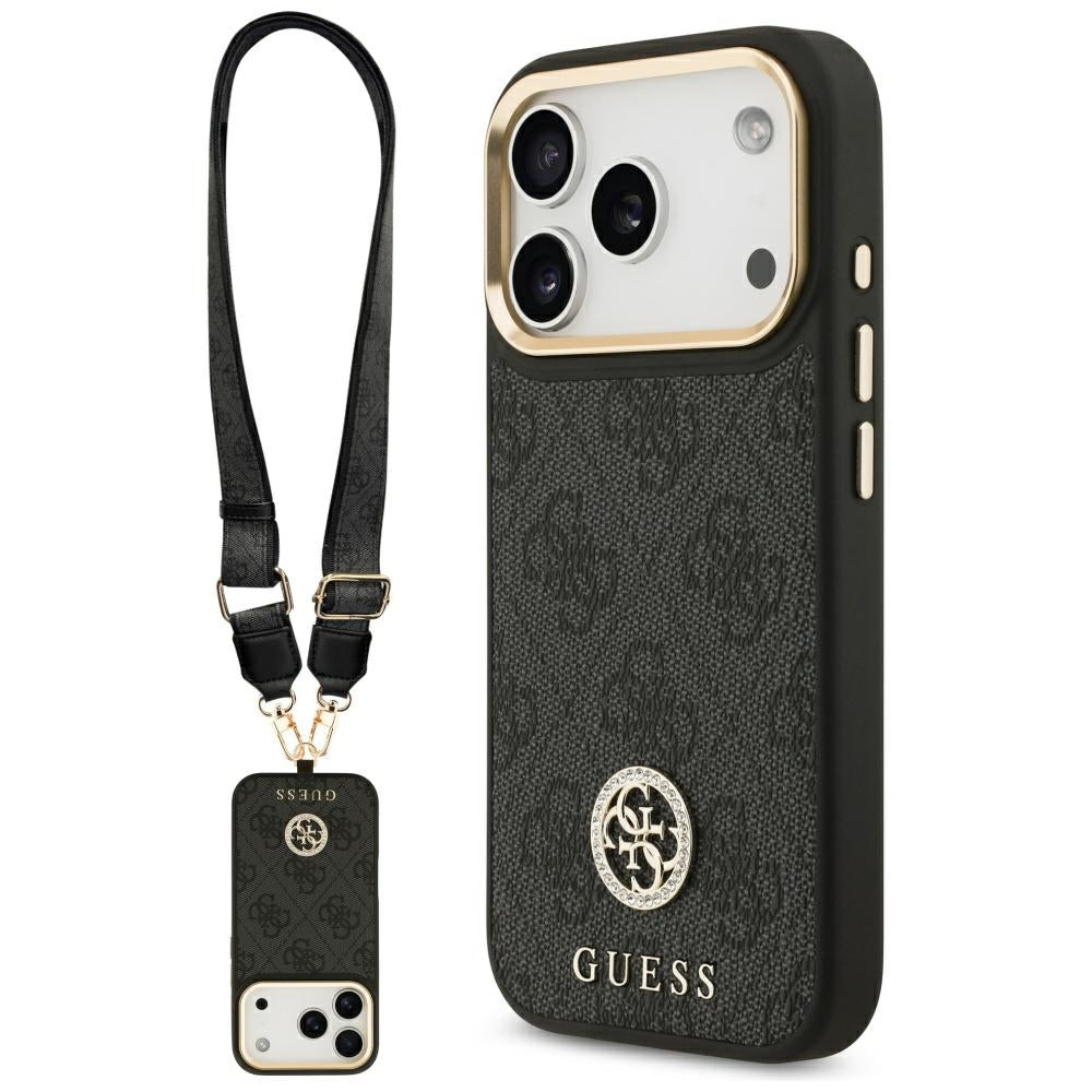 Custodia MagSafe per Apple iPhone 17 Pro, Guess, 4G Strass Logo con Cinturino Grande, Nera