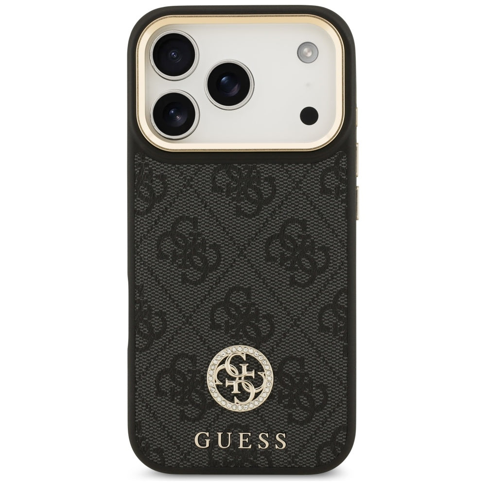 Custodia MagSafe per Apple iPhone 17 Pro, Guess, 4G Strass Logo con Cinturino Grande, Nera