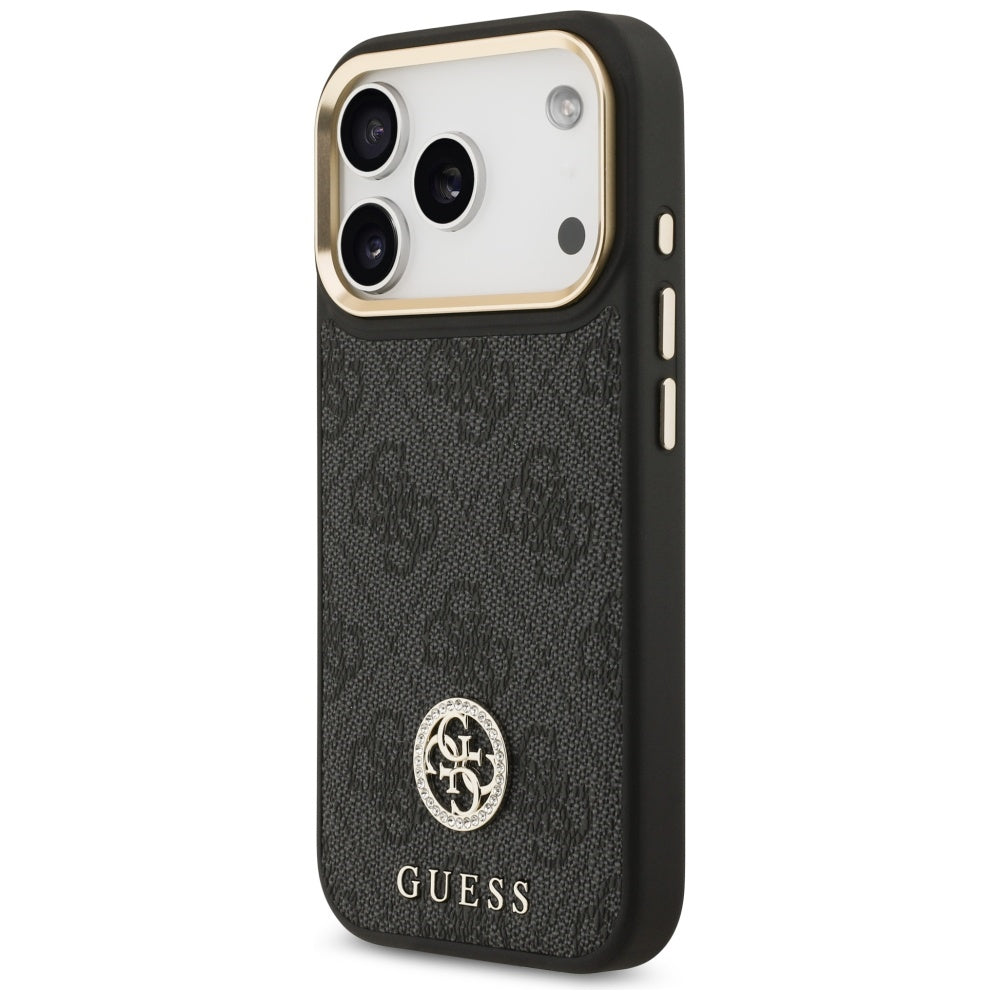 Custodia MagSafe per Apple iPhone 17 Pro, Guess, 4G Strass Logo con Cinturino Grande, Nera