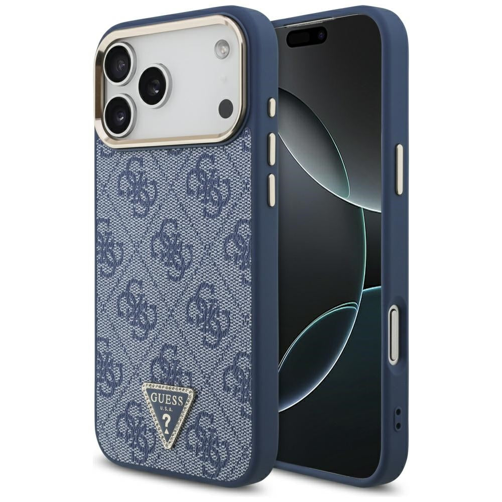 Custodia MagSafe per Apple iPhone 17 Pro, Guess, Logo Triangolo 4G, Blu Dorato