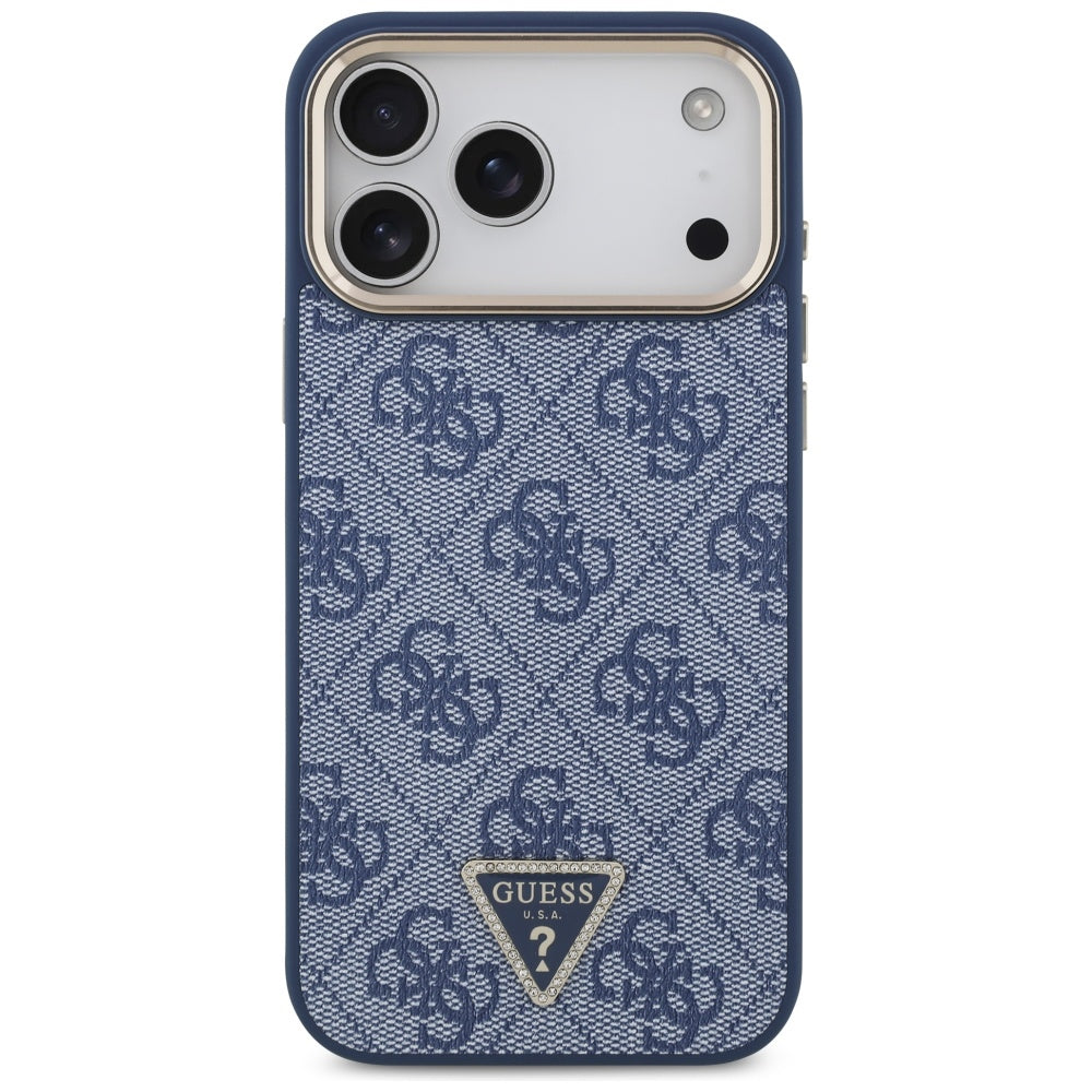 Custodia MagSafe per Apple iPhone 17 Pro, Guess, Logo Triangolo 4G, Blu Dorato